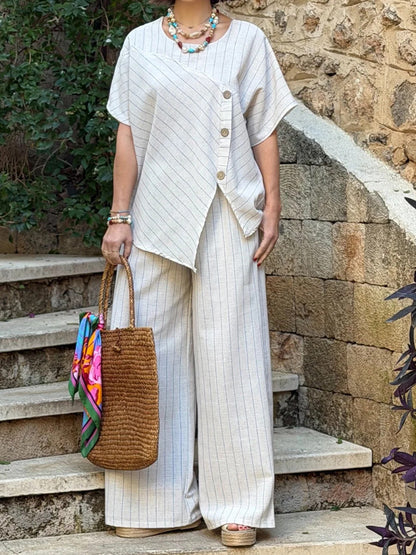Striped Shirt & Loose Pants Set – Three-Quarter Sleeve Two-Piece FitiqueFit