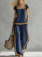 Square-Neck Three-Quarter Sleeve Loose Top & Pants Two-Piece Set FitiqueFit