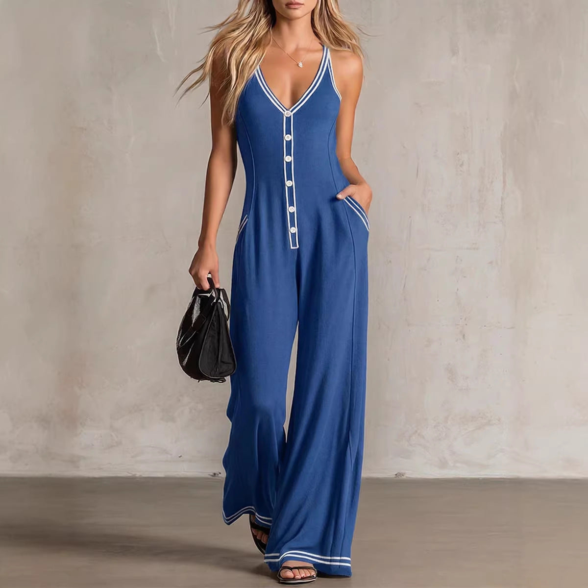 Women's V-Neck Backless Wide-Leg Jumpsuit – High Waist Casual FitiqueFit