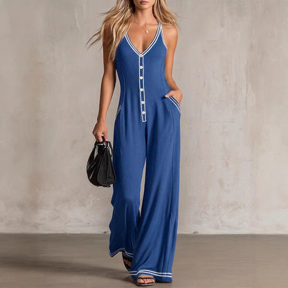 Women's V-Neck Backless Wide-Leg Jumpsuit – High Waist Casual FitiqueFit