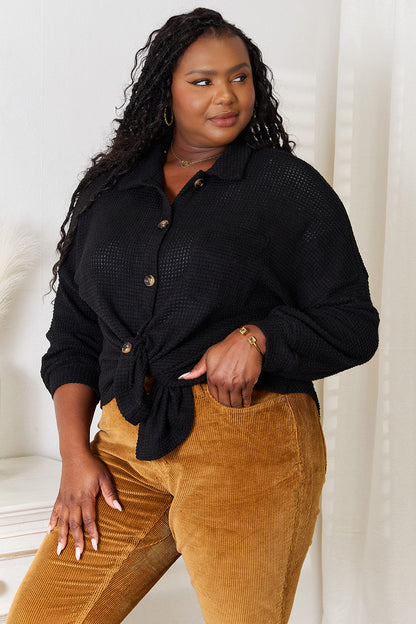 Double Take Waffle-Knit Collared Neck Dropped Shoulder Shirt New Era Fashion LLc