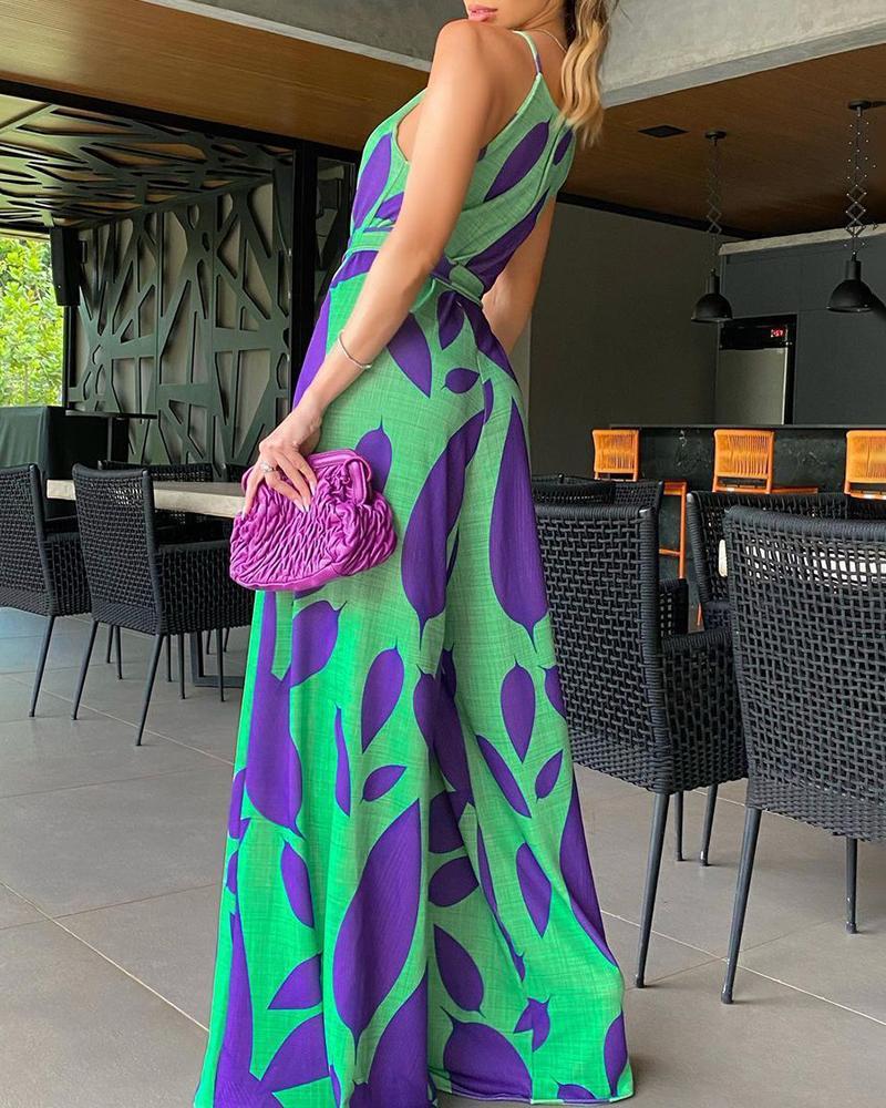Green Printing Casual Lace Up Jumpsuit Grayceful LLC