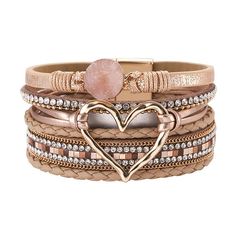 [Bohemian Heart Stone Bracelet] Bohemian Multi-Layer PU Leather Bracelet with Magnetic Clasp | Exaggerated Heart Stone Accent, Wide Cuff Statement Piece for Festival & Everyday, Style Layered Bangle - Year-Round Wear NovaCart