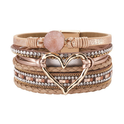 [Bohemian Heart Stone Bracelet] Bohemian Multi-Layer PU Leather Bracelet with Magnetic Clasp | Exaggerated Heart Stone Accent, Wide Cuff Statement Piece for Festival & Everyday, Style Layered Bangle - Year-Round Wear NovaCart