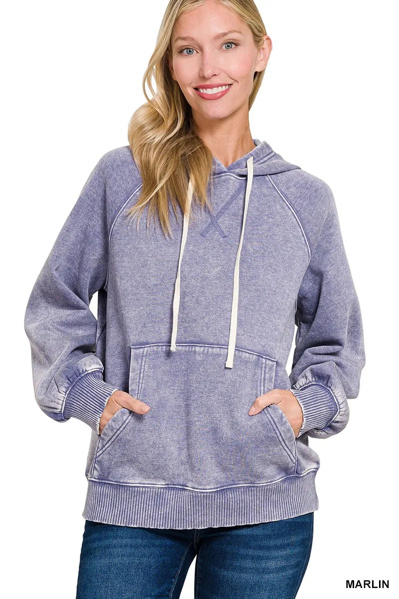 Zenana Acid Wash Fleece Hoodie with Kangaroo Pocket West2East Surf