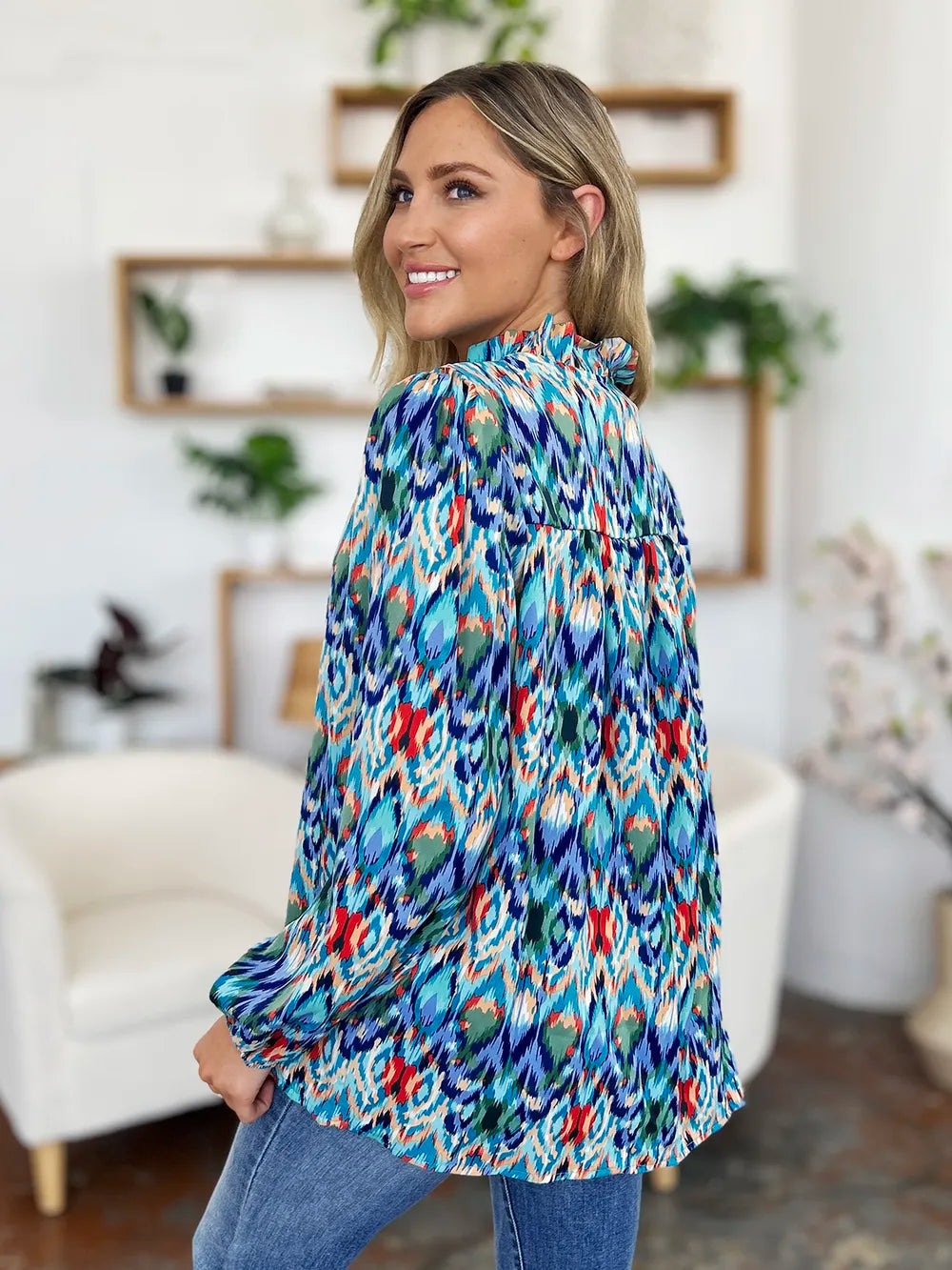 Double Take Full Size Printed Balloon Sleeve Blouse New Era Fashion LLc