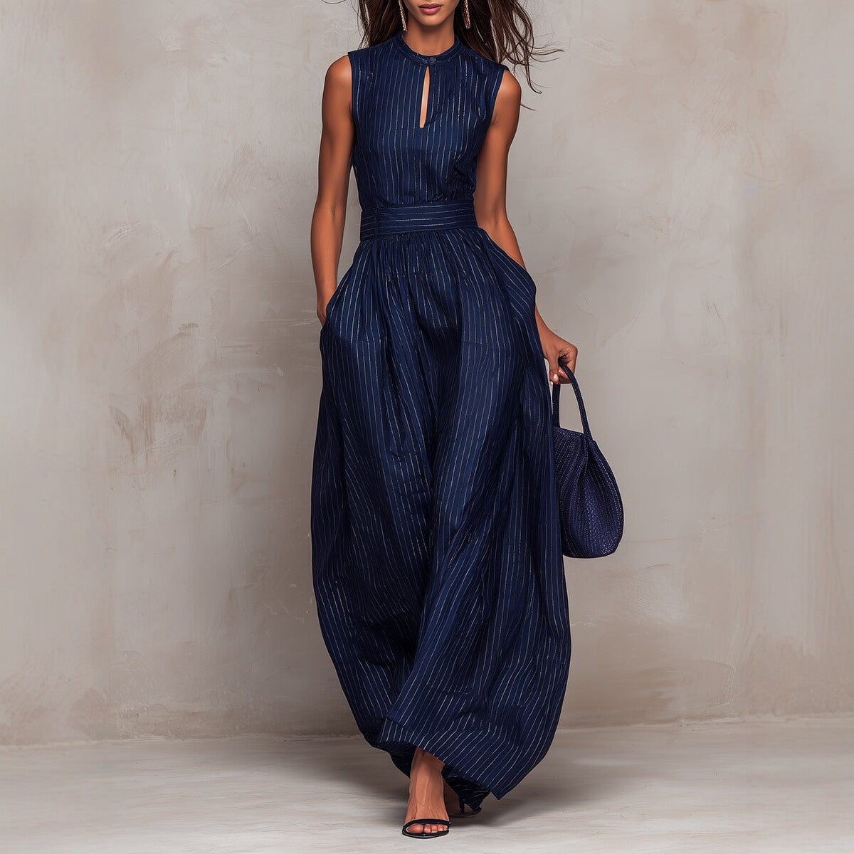 Women's Sleeveless Striped Wide-Leg Jumpsuit with Pockets FitiqueFit