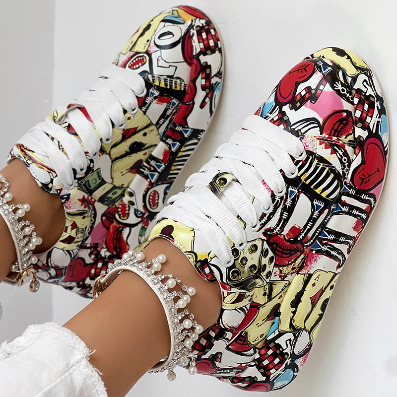 Women's Casual Round Toe Thick Sole Lace-Up Sneakers, Random Print Design, Comfortable Sporty Shoes For Daily Wear See size chart under “more details” The Fashion Celestial