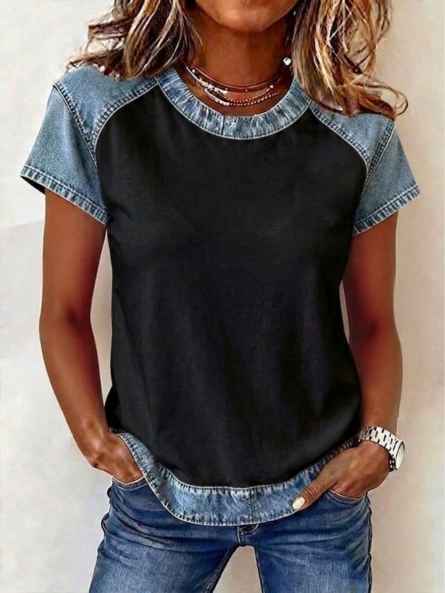 Women's Retro Denim Patchwork Short-Sleeve Shirt – Loose Fit FitiqueFit