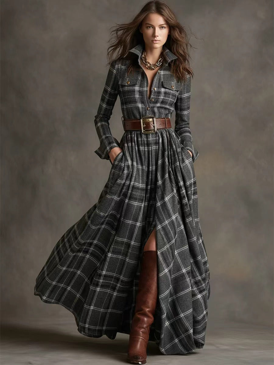 Women's Plus Size Plaid Print Long Sleeve Shirt Dress with Pockets FitiqueFit