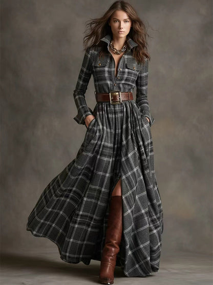 Women's Plus Size Plaid Print Long Sleeve Shirt Dress with Pockets FitiqueFit
