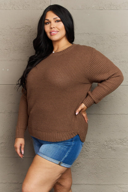 Zenana Breezy Days Plus Size High Low Waffle Knit Sweater Garden Naked Curves