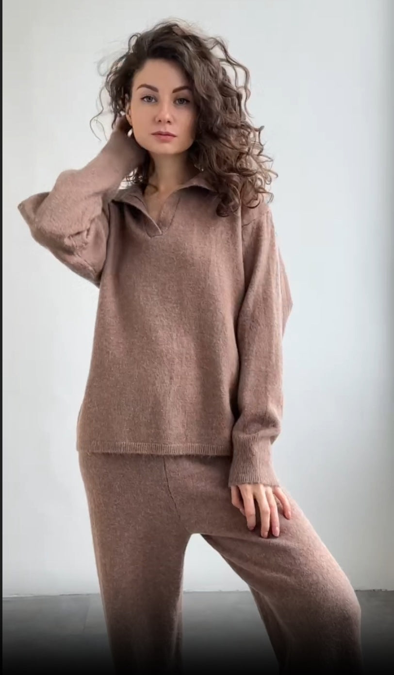 Solid Color Lapel Sweater Set for Women FitiqueFit