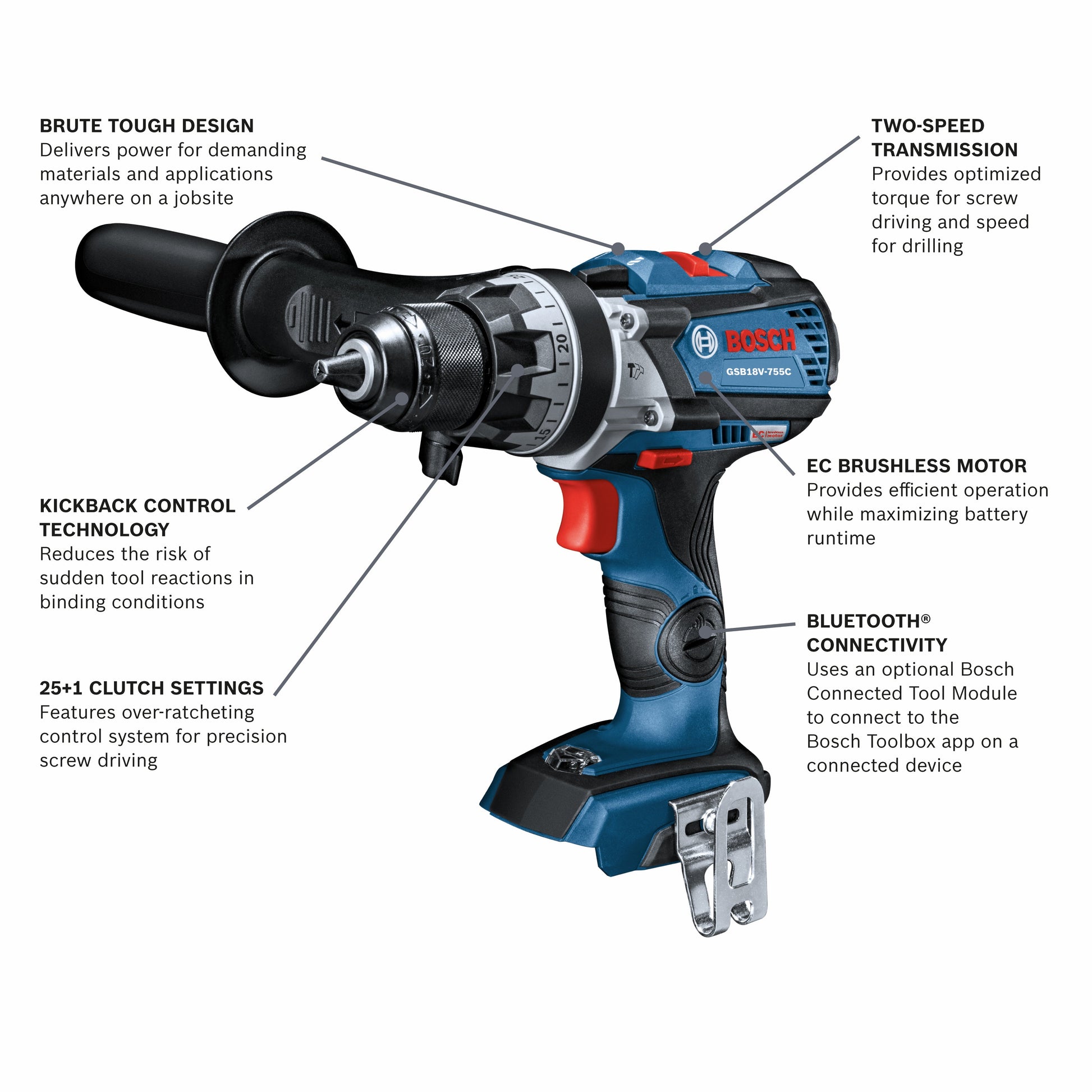 BOSCH GSB18V-755CN 18V EC Brushless Connected-Ready Brute Tough 1/2 In. Hammer Drill/Driver (Bare Tool) VM Hardware