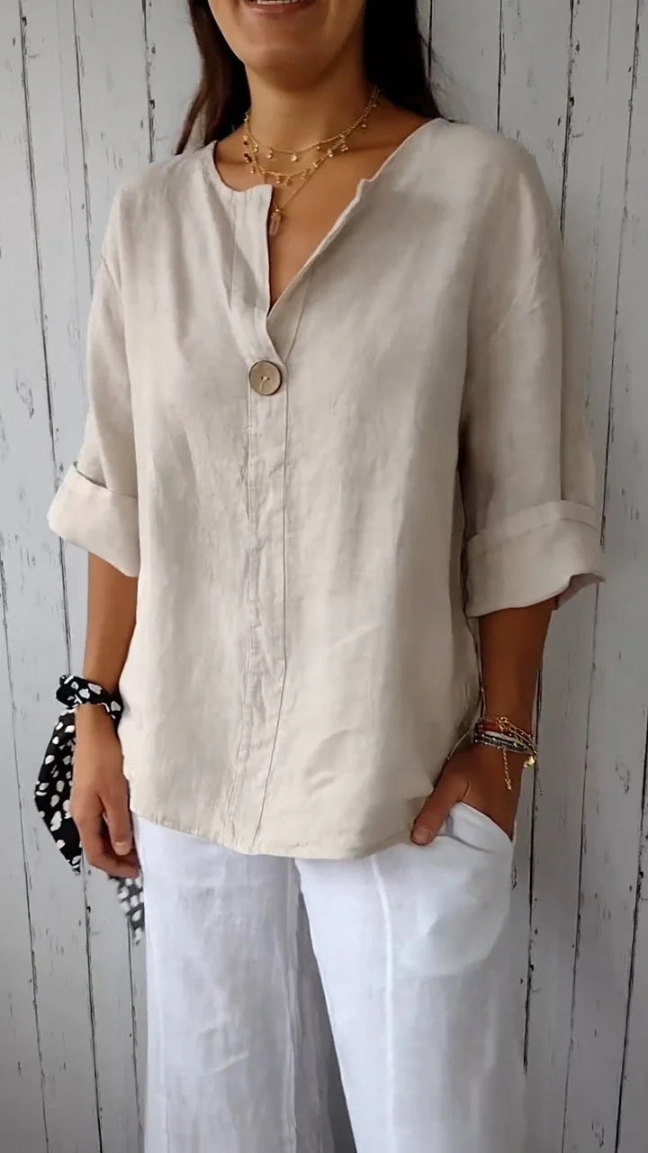 Women's V-Neck Long-Sleeve Button Top – Loose Fit Casual Blouse FitiqueFit