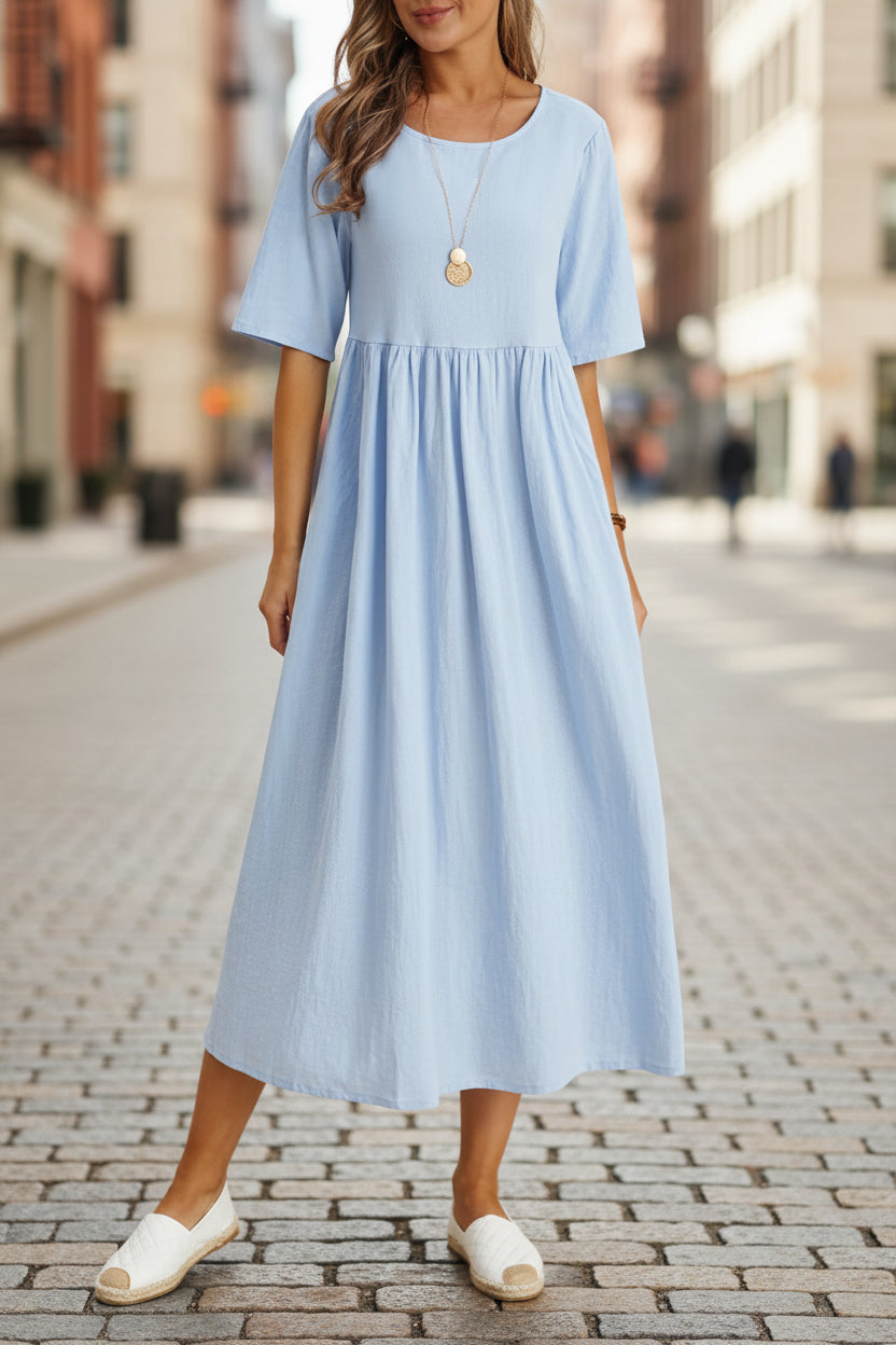 Plus Size Cotton Linen Midi Dress | Round Neck Pocket Dress FitiqueFit