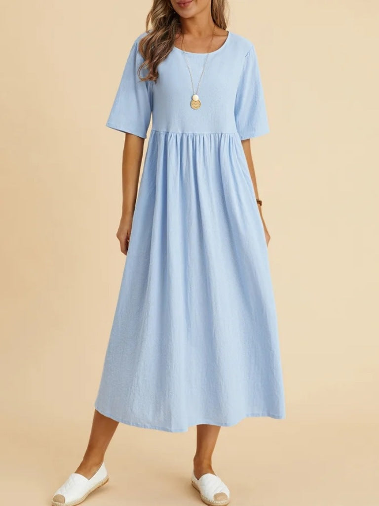 Plus Size Cotton Linen Midi Dress | Round Neck Pocket Dress FitiqueFit