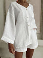 Women's Cotton Linen Shirt & Shorts Set – Long Sleeve, Button, Casual 2-Piece FitiqueFit