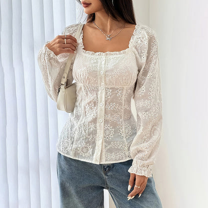 Women’s Square Neck Eyelet Lace Blouse – Puff Sleeve Hollow-Out Button Top FitiqueFit