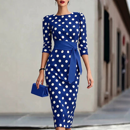 Women's Retro Polka-Dot Bodycon Midi Dress – Belted Cross-Tie FitiqueFit