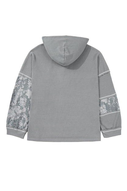 Gray Mixed Waffle Knit Patchwork Henley Plus Size Hoodie Garden Naked Curves