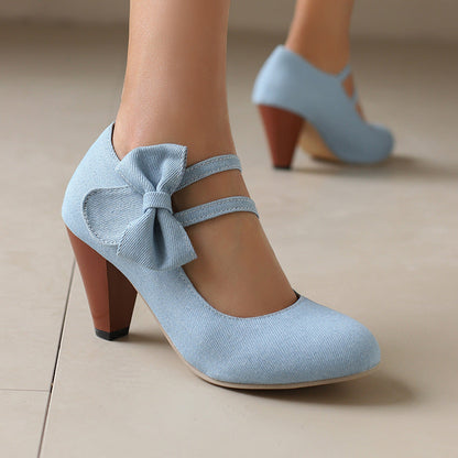 Round Toe High Heels Denim Bow See size chart under “more details” The Fashion Celestial