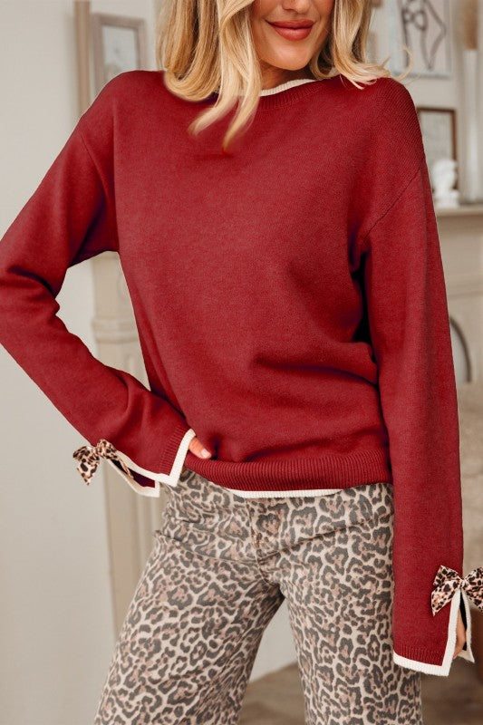 Leopard Bow Split Cuff Contrast Trim Sweater Shop Style & More | Fresh Looks, Everyday Deals & Free Shipping
