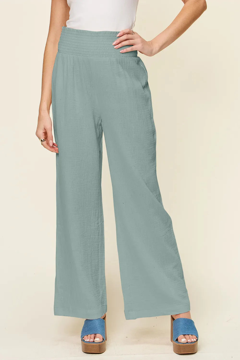 Double Take Full Size Texture Smocked Waist Wide Leg Pants New Era Fashion LLc