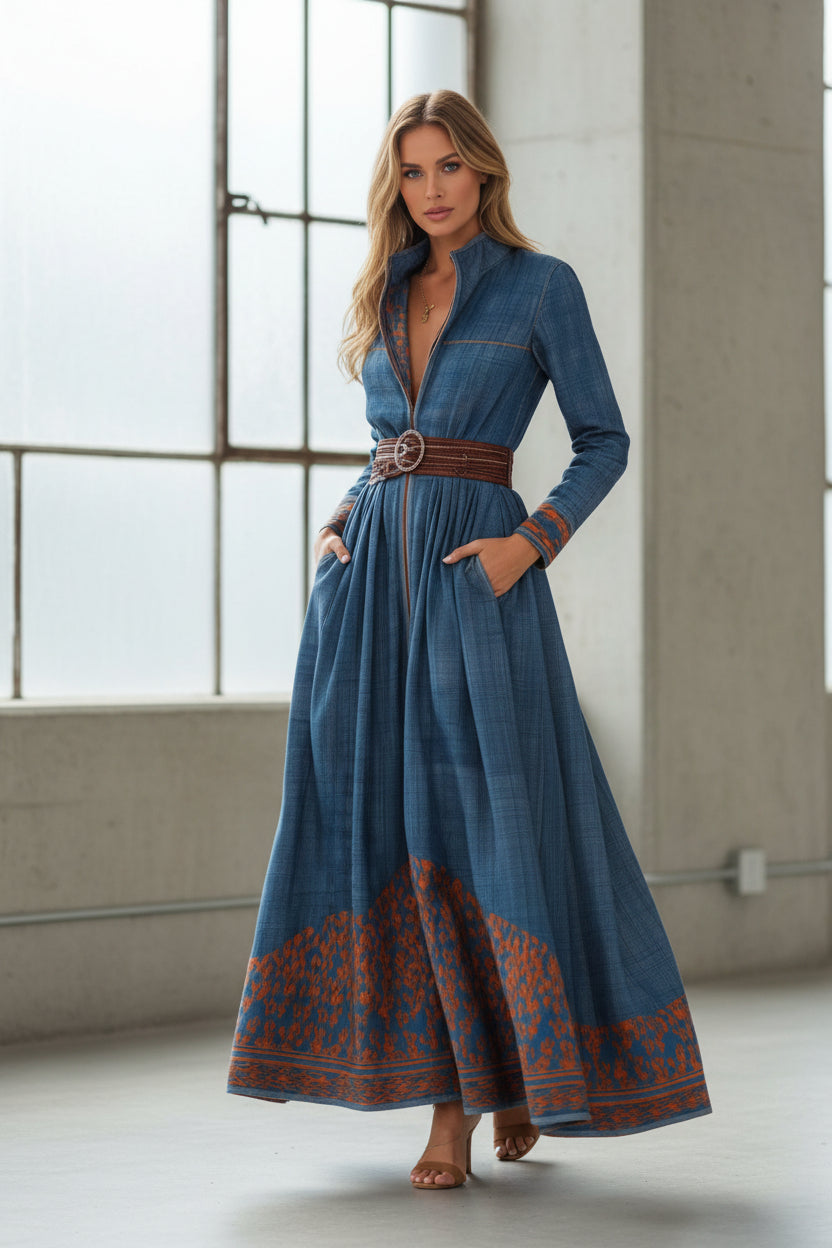 Color-Blocked Floral Patterned Stand Collar Long Dress FitiqueFit