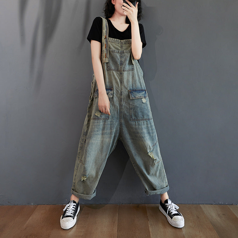 Women's Summer Retro Nostalgic Ripped Denim Overalls FitiqueFit