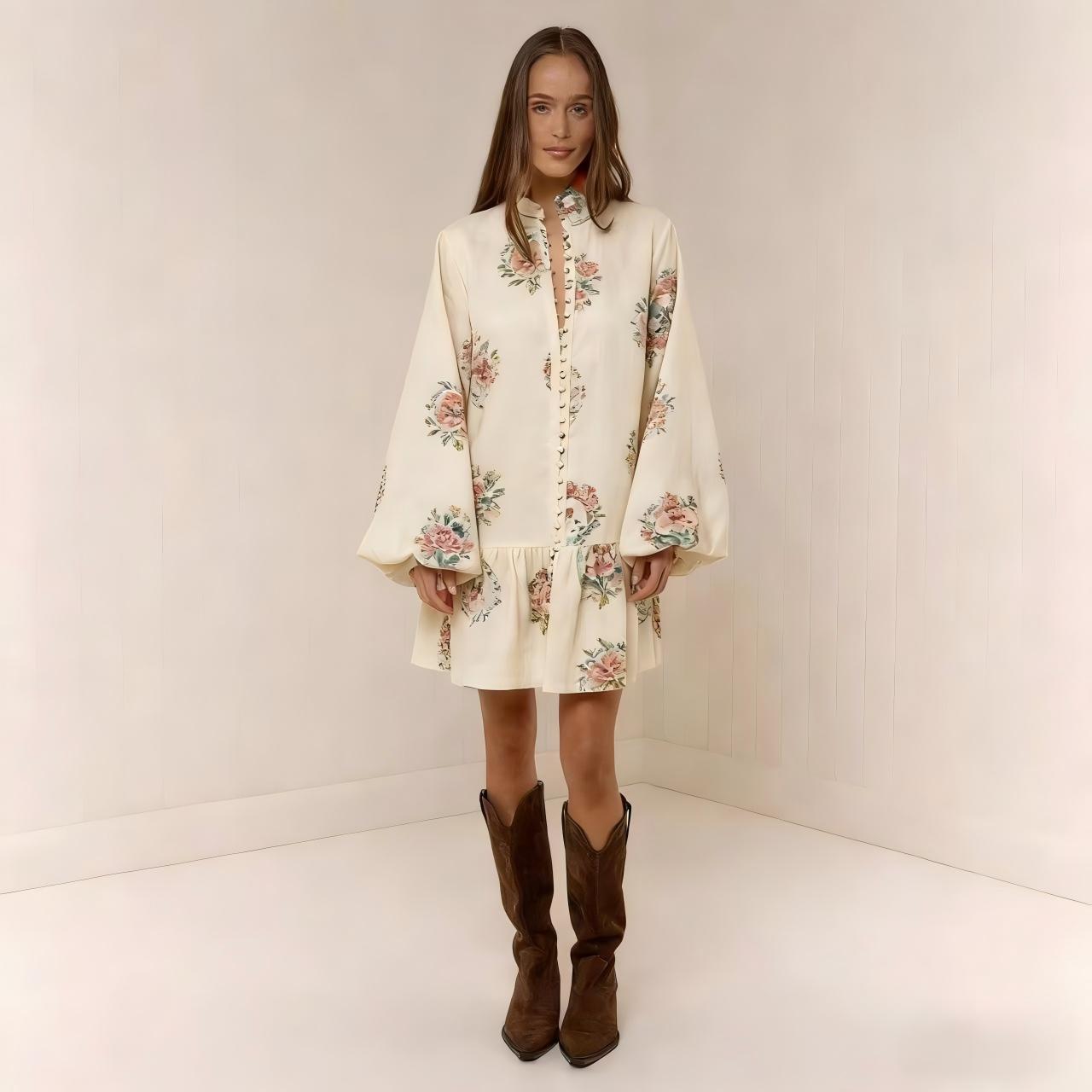 Digital Print Lantern Sleeve Linen Midi Dress – Loose Fit Pullover FitiqueFit