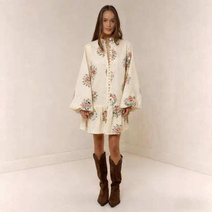 Digital Print Lantern Sleeve Linen Midi Dress – Loose Fit Pullover FitiqueFit