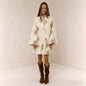 Digital Print Lantern Sleeve Linen Midi Dress – Loose Fit Pullover FitiqueFit