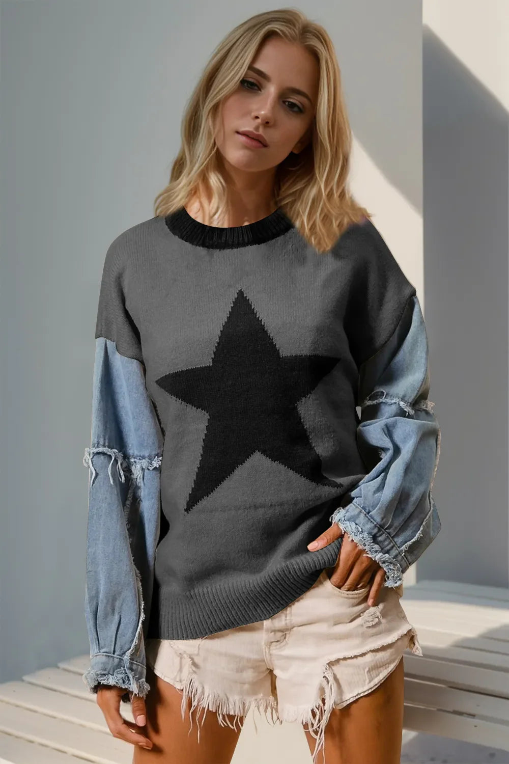 Double Take Star-Pattern Raw-Edge Long Sleeve Sweater FitiqueFit