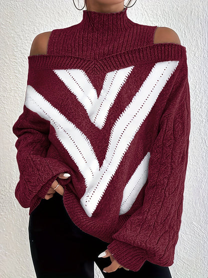 Elegant Plus Size Off Shoulder Striped Cable Knit Sweater