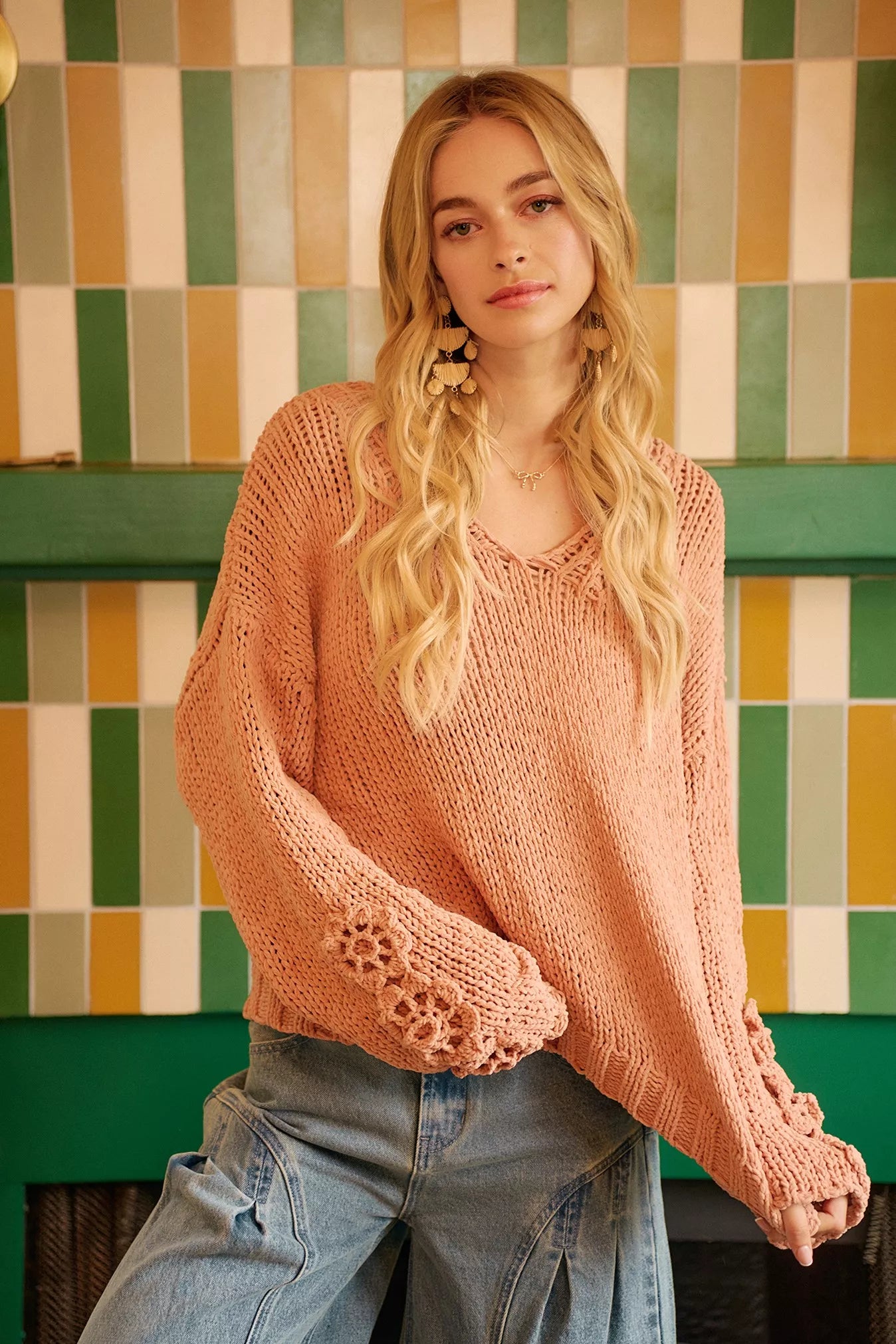 BiBi Chunky Knit Sweater with Flower Detail Sleeves FitiqueFit
