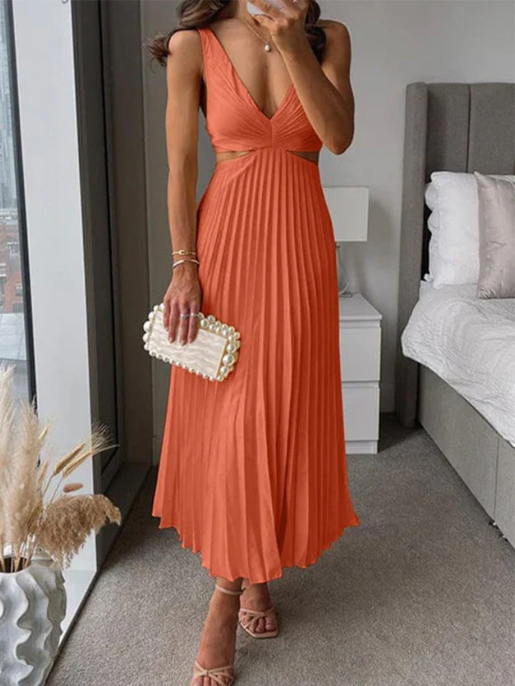 Ins Suspender Pleated Long Dress With Hollow-waisted Design Fashion V-neck Backless Dresses Summer Women's Clothing Grayceful LLC