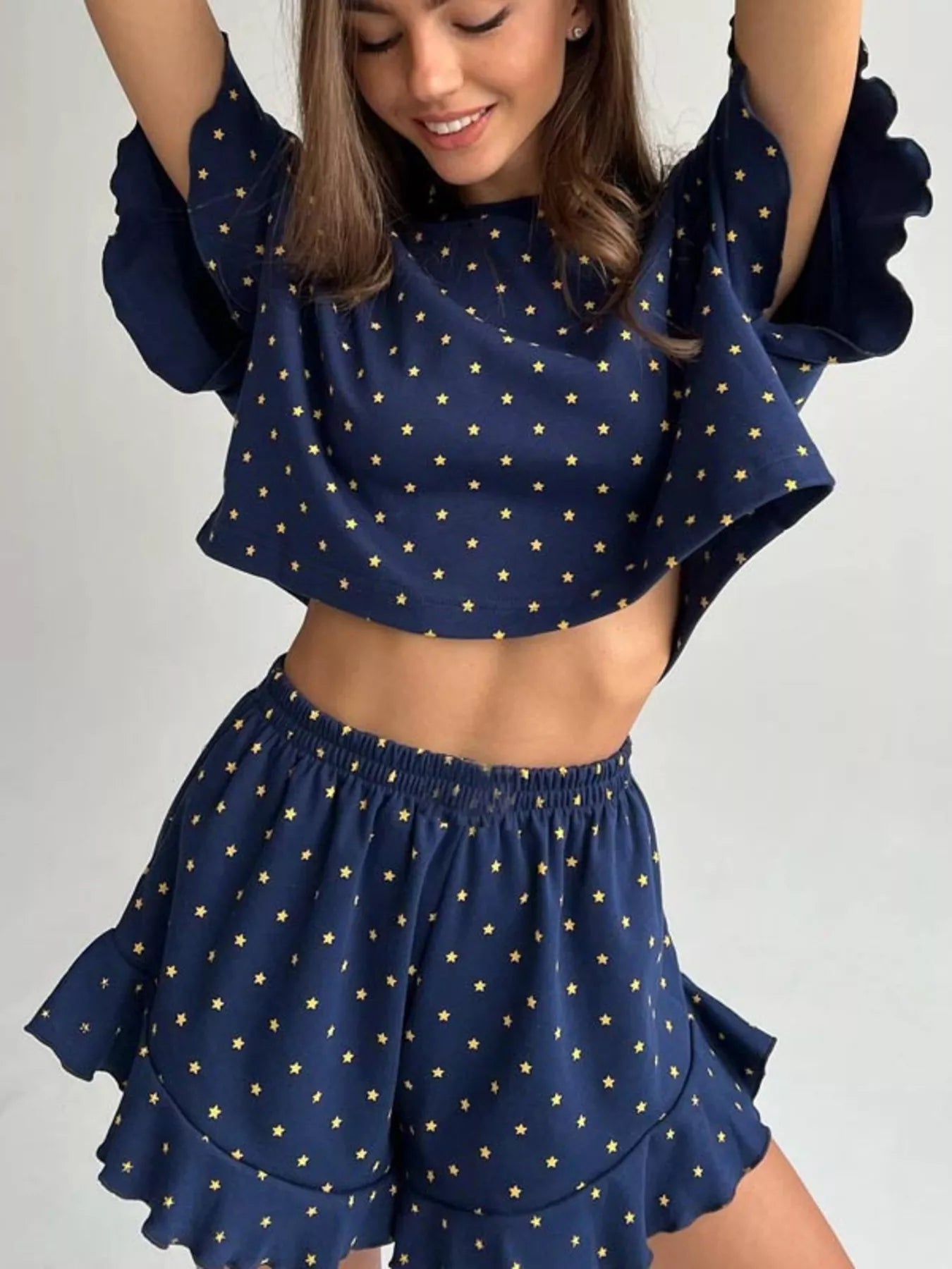 Printed Crop Top and Ruffled Shorts Lounge Set New Era Fashion LLc