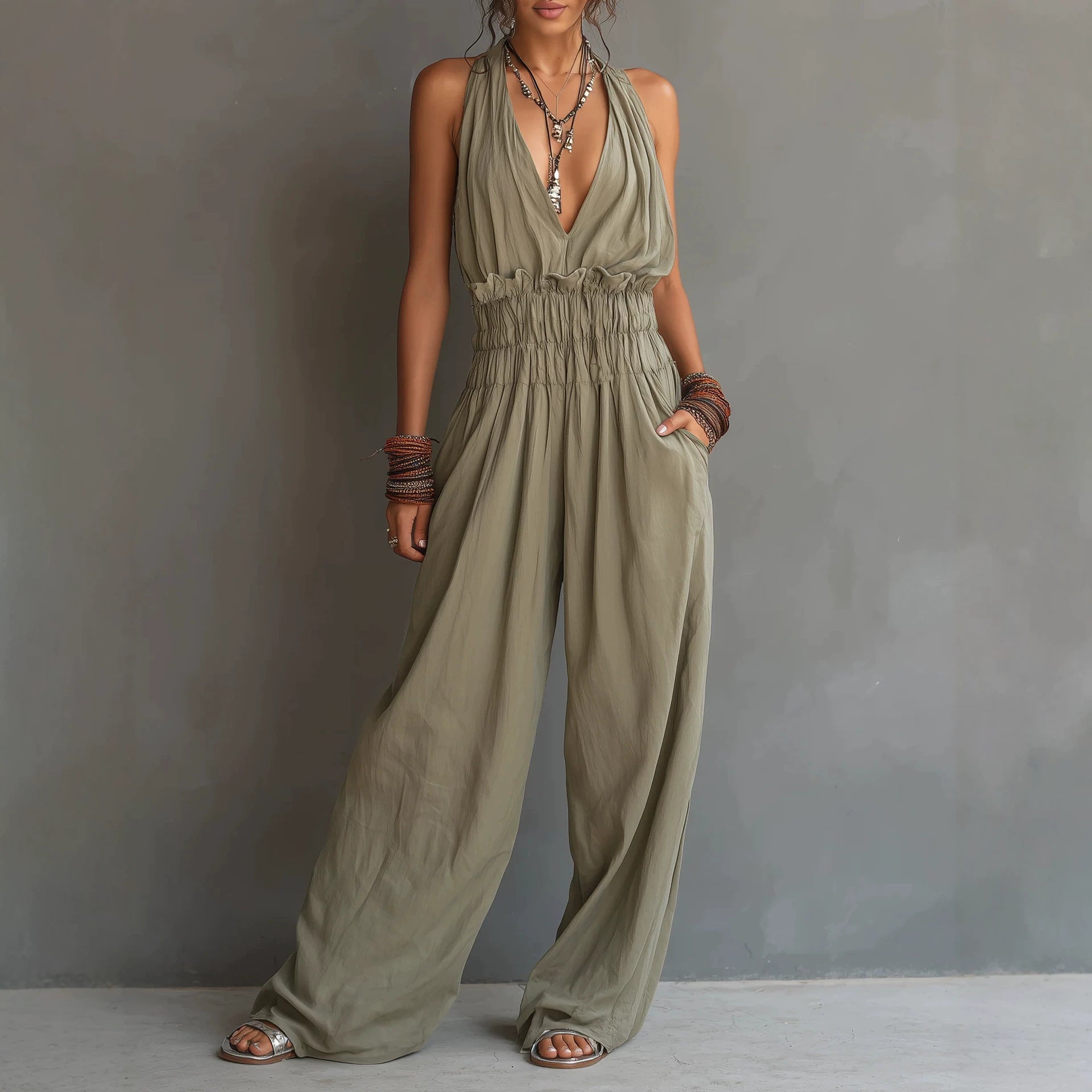 Women's V-Neck Halter Jumpsuit – Sleeveless Open Back Waist-Cinching FitiqueFit