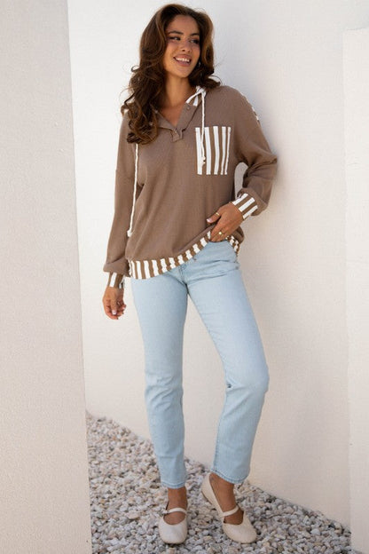 Stripe Patchwork Waffle Knit Buttoned Hoodie Shop Style & More | Fresh Looks, Everyday Deals & Free Shipping