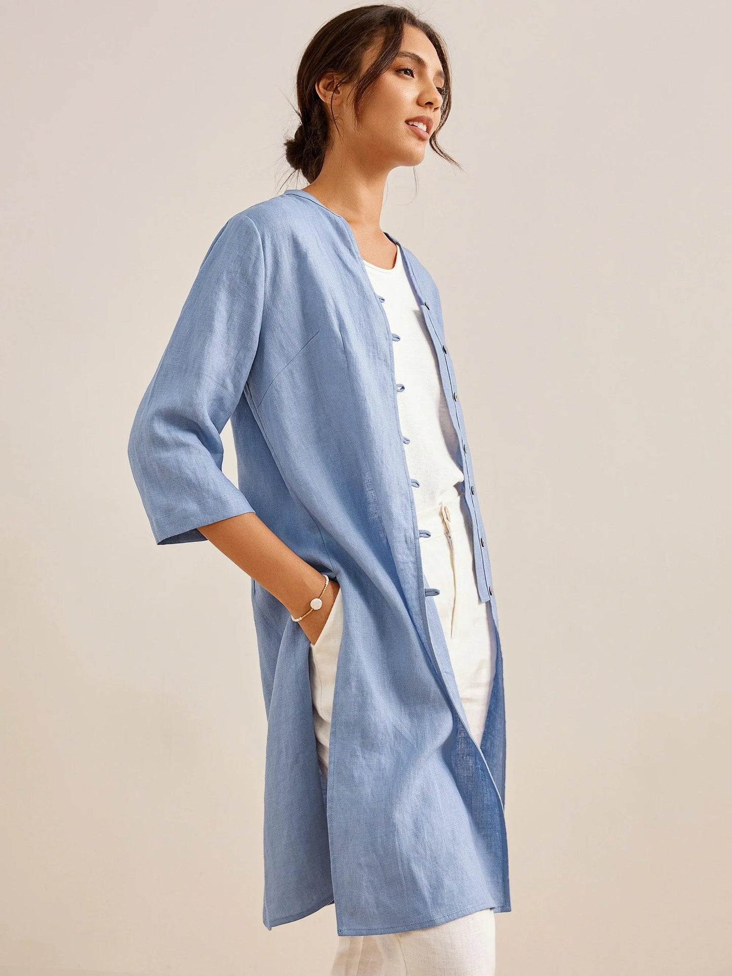 100% Linen Hand Button Long Top DILLON LINTICO