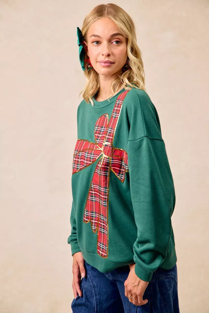 BiBi Plaid Ribbon Bow Detail Christmas Fleece Pullover FitiqueFit