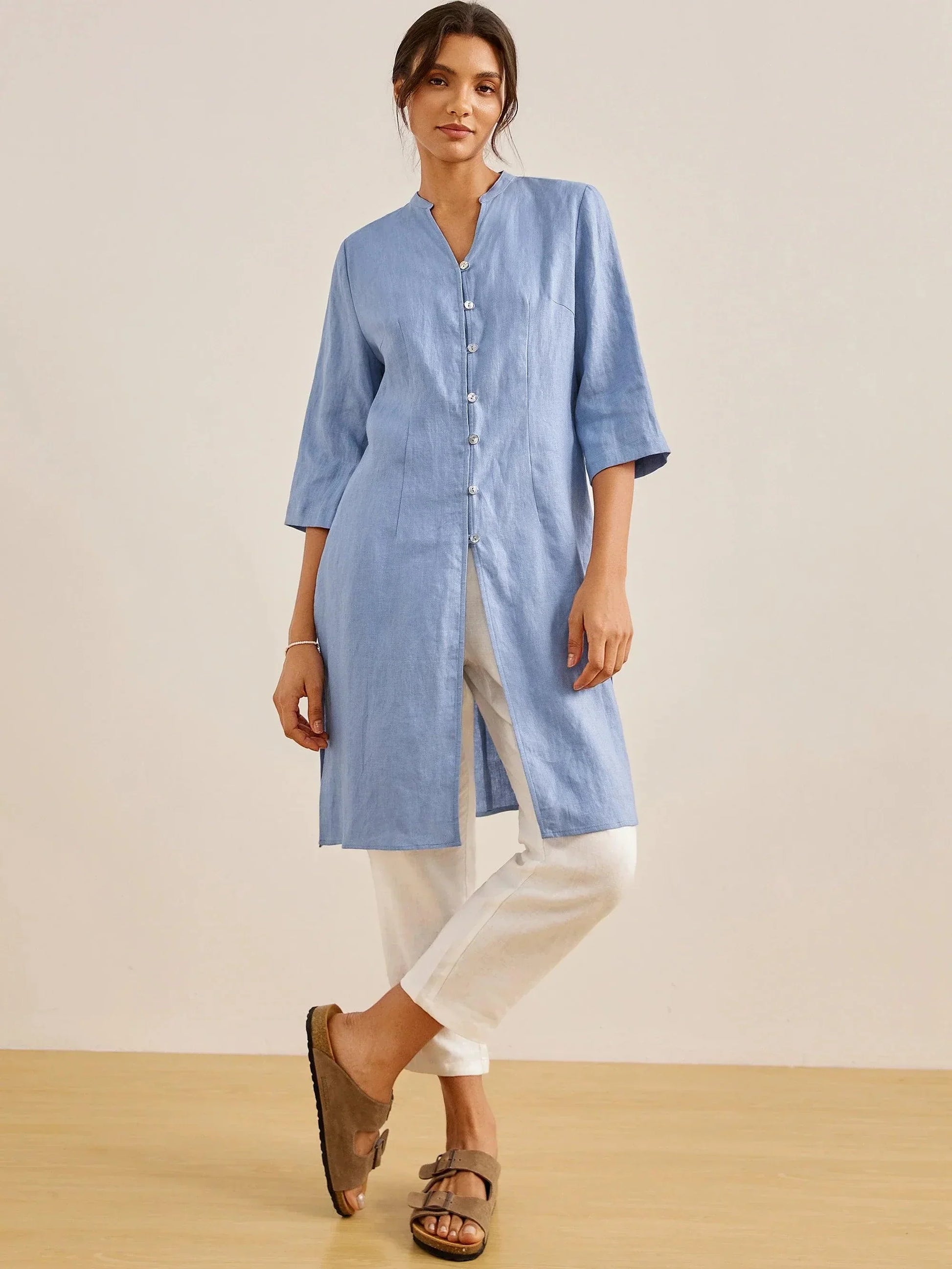 100% Linen Hand Button Long Top DILLON LINTICO