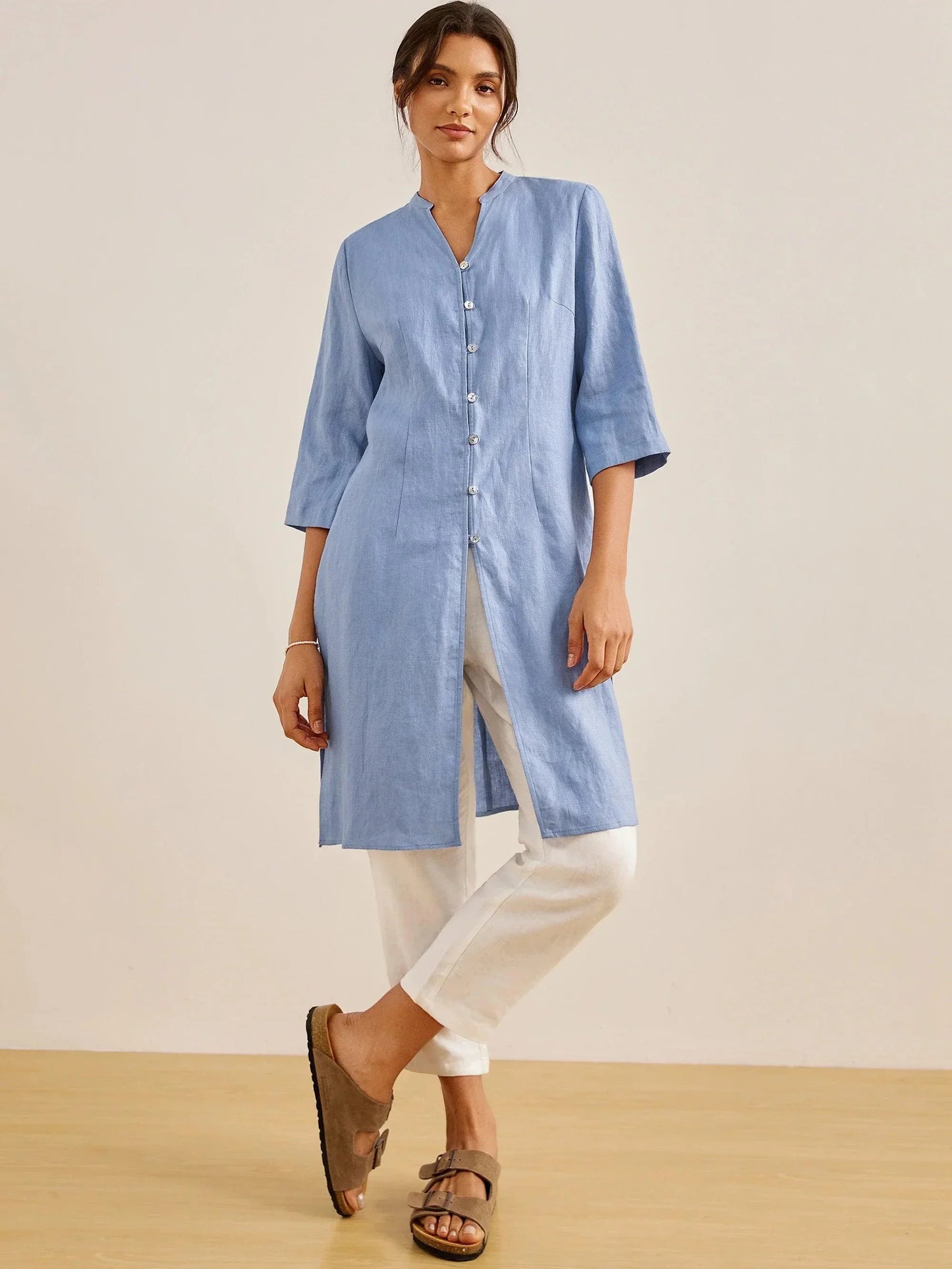 100% Linen Hand Button Long Top DILLON LINTICO