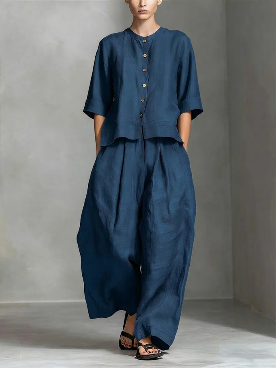 Three-Quarter Sleeve Shirt & Loose Trousers Two-Piece Set FitiqueFit