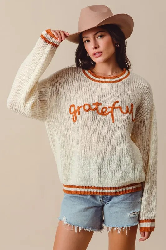 SO ME Thanksgiving Grateful Lettering Stitch Sweater West2East Surf