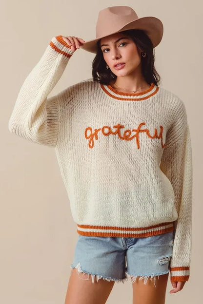 SO ME Thanksgiving Grateful Lettering Stitch Sweater West2East Surf