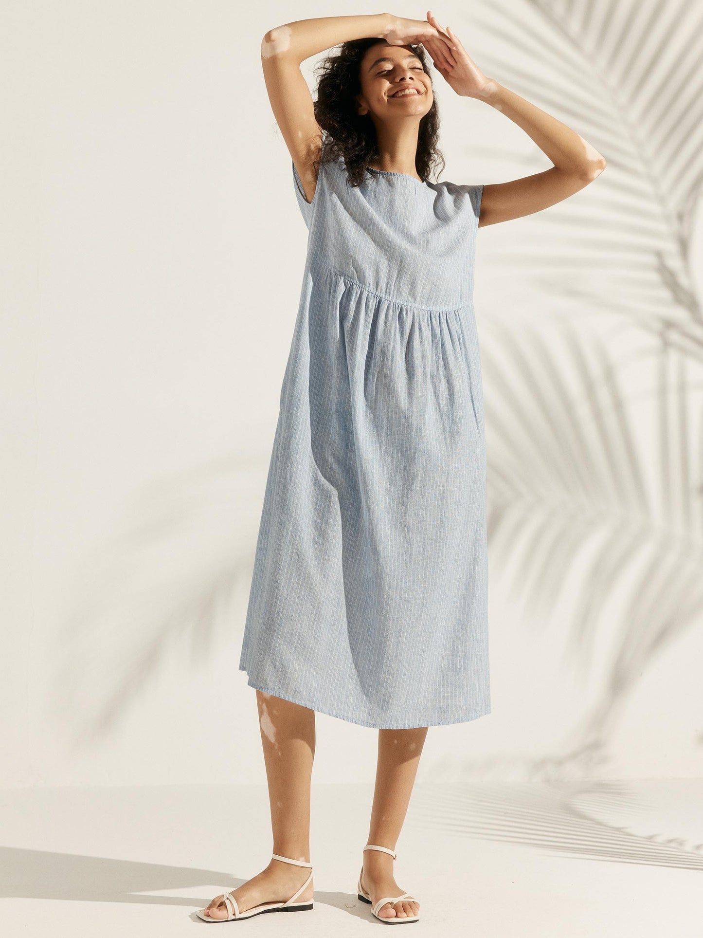 Linen Striped Cap Sleeve Washed Maxi Dress JOAN