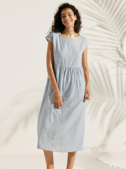 Linen Striped Cap Sleeve Washed Maxi Dress JOAN