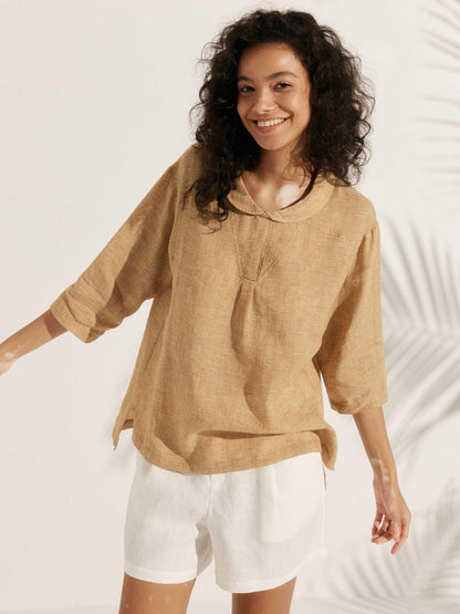 100% Linen Shawl V-Neck Half Sleeve Top JADE LINTICO